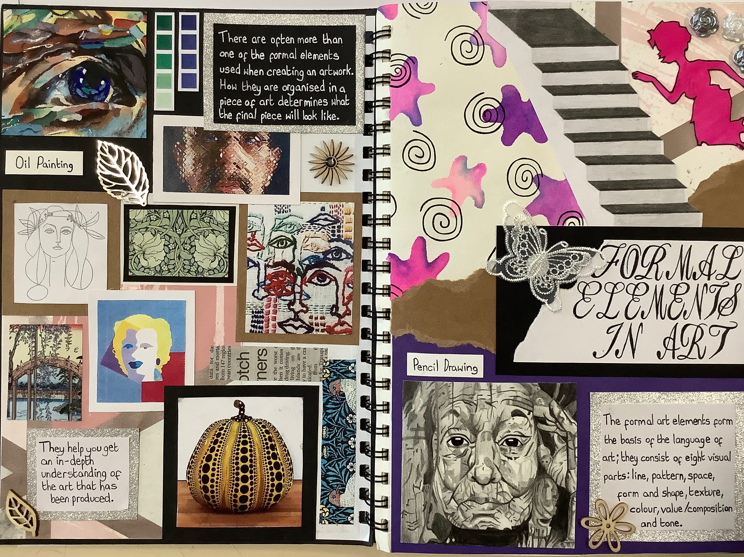 A mixed media art collage showcasing various artistic elements, including images of eyes, a pumpkin, and portraits, accompanied by text discussing formal elements in art.
