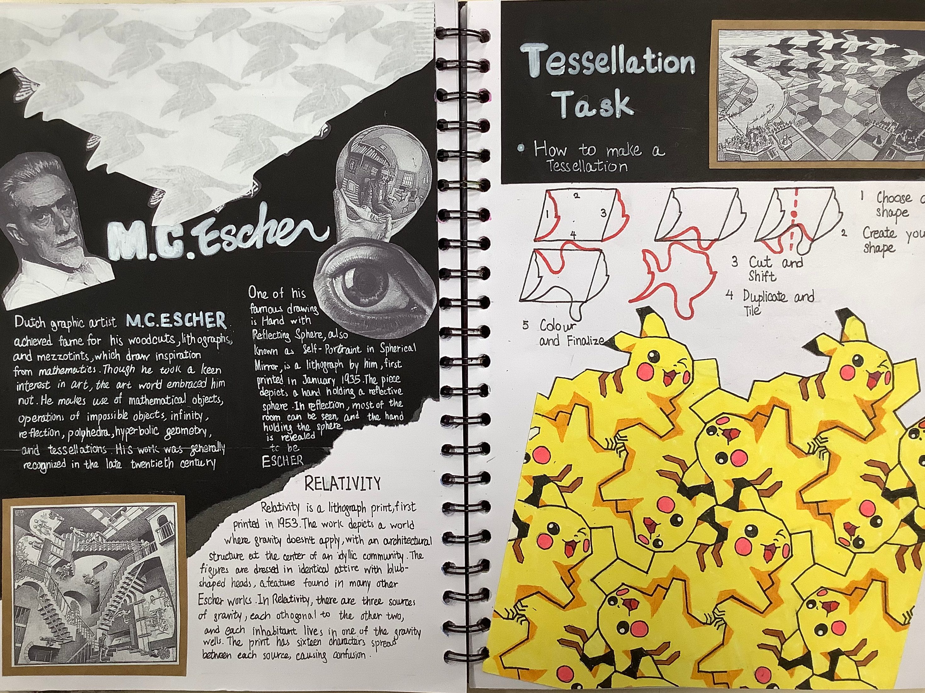 A notebook page featuring M.C. Escher's artwork, including a self-portrait in a spherical perspective, alongside a description of his artistic style and famous works. The right side lists instructions for creating a tessellation, illustrated with step-by-step diagrams, including a pattern of Pikachu characters.