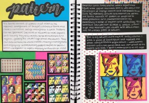 A page from an art journal featuring colorful patterns and designs. The left side displays a collage of various patterned images including faces and abstract designs, while the right side has written text about Andy Warhol and his influence on patterns, accompanied by bright pop art-style portraits.