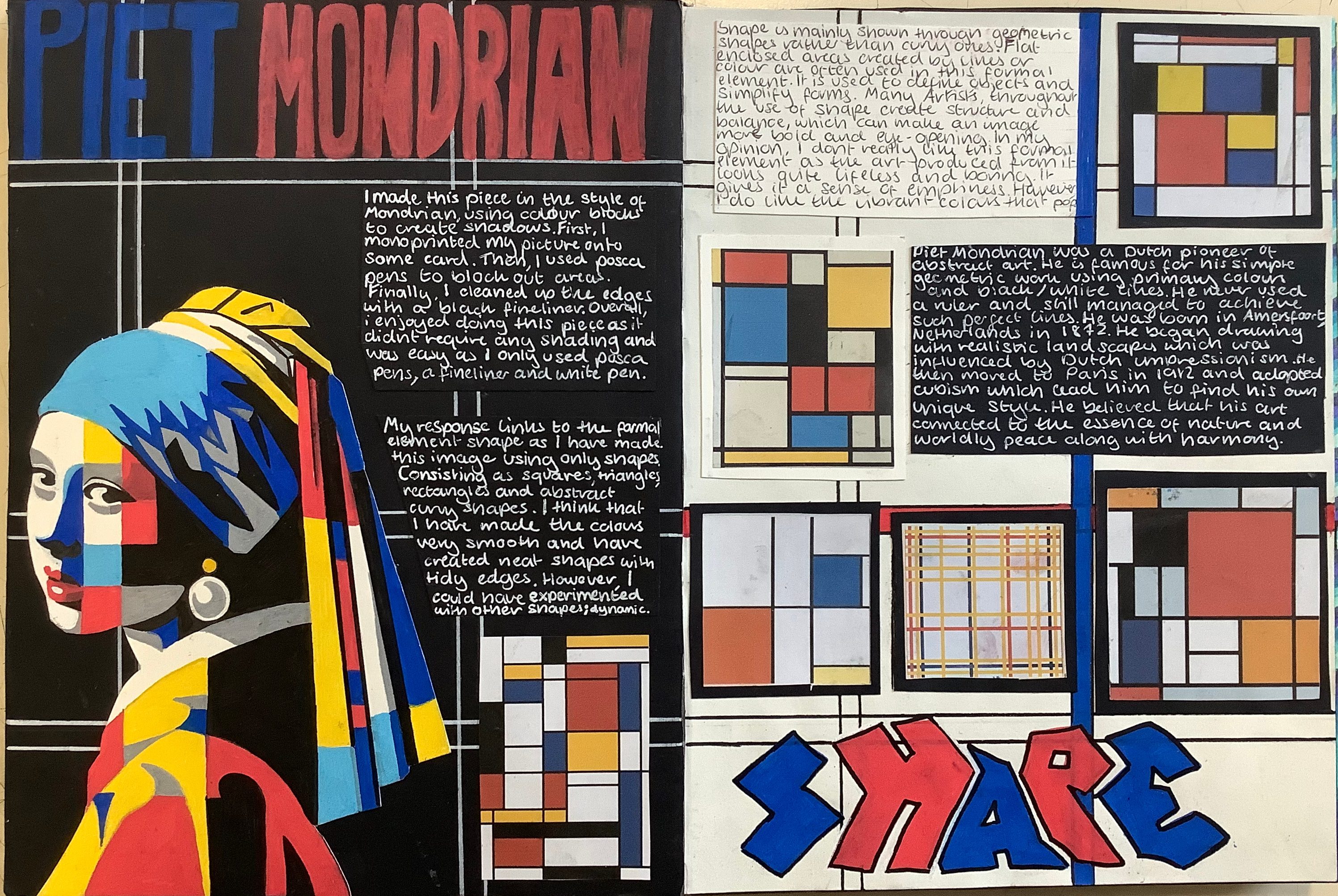 A colorful collage featuring a stylized depiction of a girl with a pearl earring, inspired by Piet Mondrian's artwork. The left side includes bold red text reading 'PIET MONDRIAN' and abstract shapes, while the right side contains text about Mondrian along with multiple geometric art pieces.