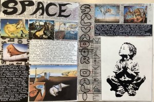 A collage featuring the word 'SPACE' in large letters, information about the artist Salvador Dalí, and images of his surreal artwork, alongside a sketch of a seated child.