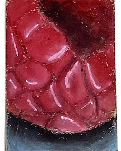 Close-up view of a raspberry showing its textured surface with distinct drupelets. Made with oil pastels