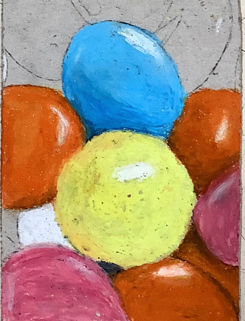 A colorful oil pastel arrangement of various sweets, including shades of blue, yellow, orange, pink, and brown, on a textured background.