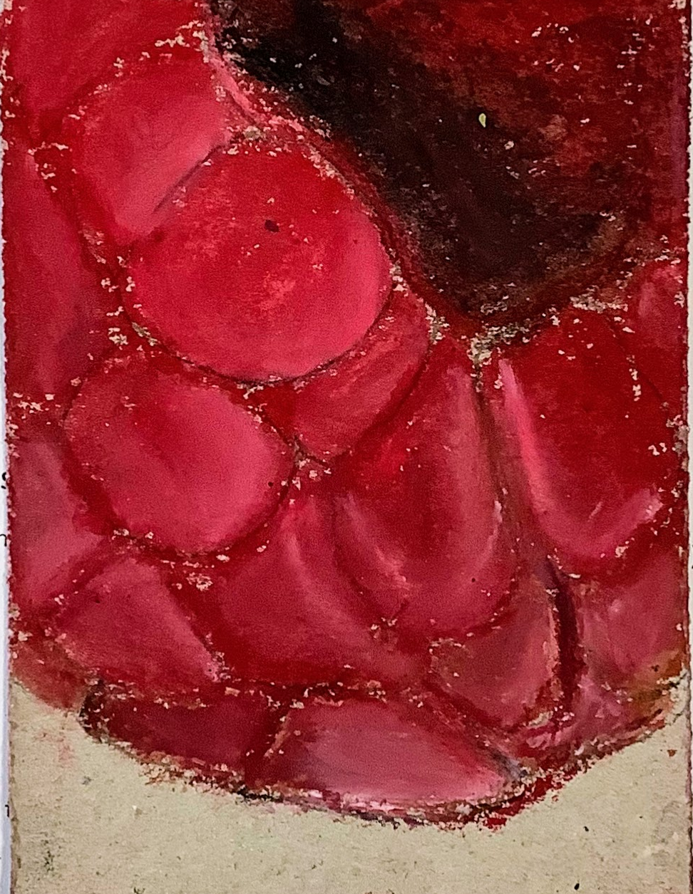 Close-up of a textured surface in shades of red oil pastel, resembling the skin of a raspberry, with darker areas and highlights.
