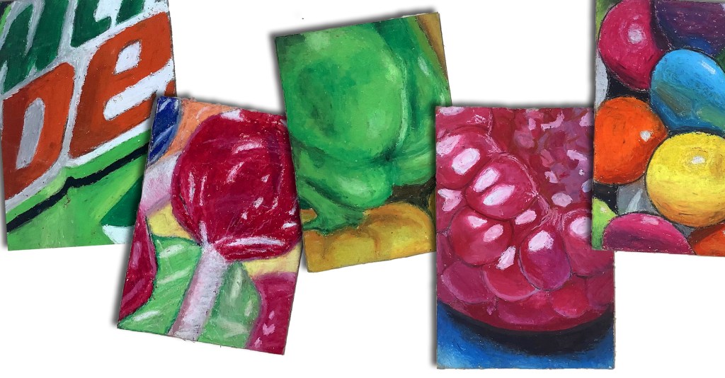 A collage of colorful oil pastel drawings featuring various sweets, fruits, and a Mountain Dew logo.