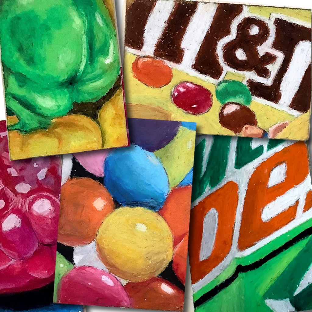 A collage of colorful oil pastel artworks featuring a green bell pepper, assorted sweets, and vibrant fruit-like shapes, showcasing various textures and colors.