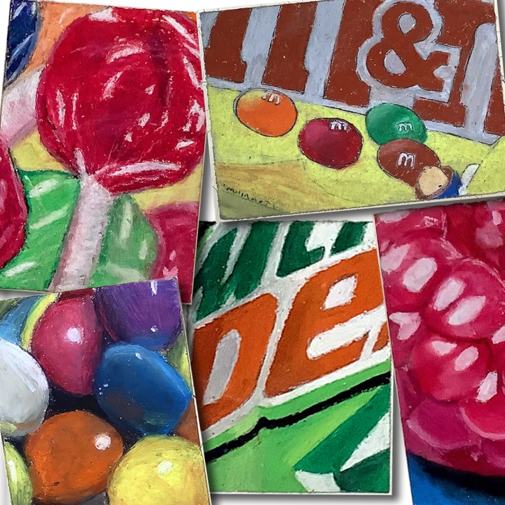 A collage of colorful oil pastel drawings featuring various sweets and snacks, including lollipops, M&M's, and a Mountain Dew logo, along with assorted vibrant sweets.