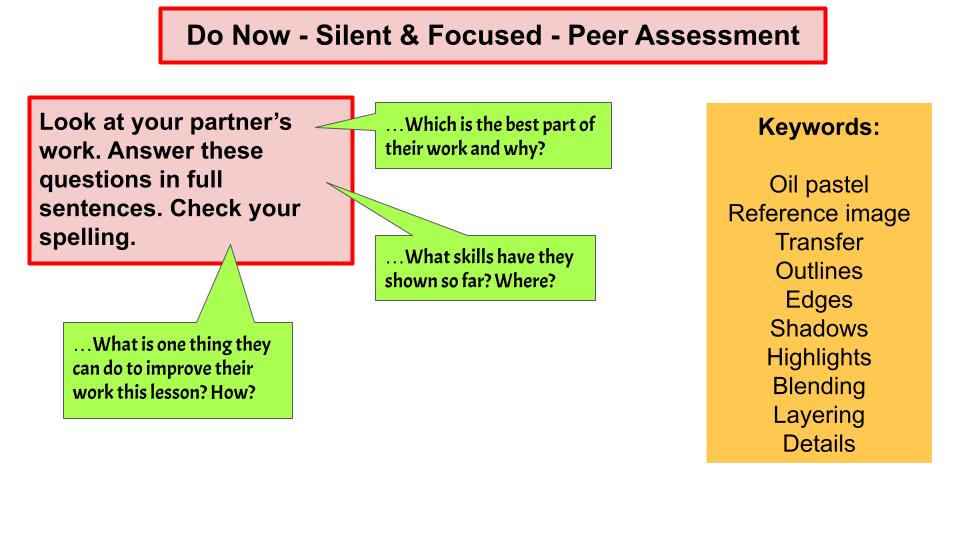 A classroom instruction slide titled 'Do Now - Silent & Focused - Peer Assessment' with prompts for students to review a partner's work and answer specific questions. The slide includes keywords related to art techniques like 'Oil pastel', 'Transfer', and 'Blending'.