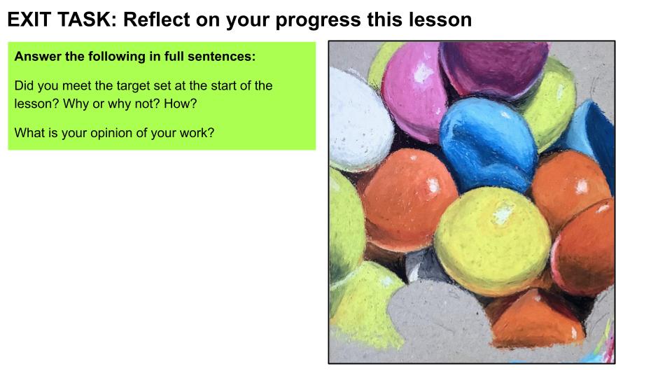 An illustrated exit task for a lesson, featuring colorful oil pastel sweets and prompt questions about progress and self-reflection.