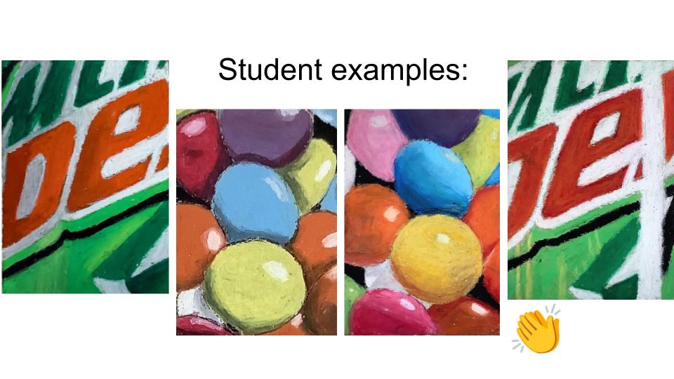 Examples of student oil pastel artwork examples, with the left image featuring a close-up of a Mountain Dew logo, the center image displaying colorful, round sweets, and the right image showcasing another close-up of the Mountain Dew logo.