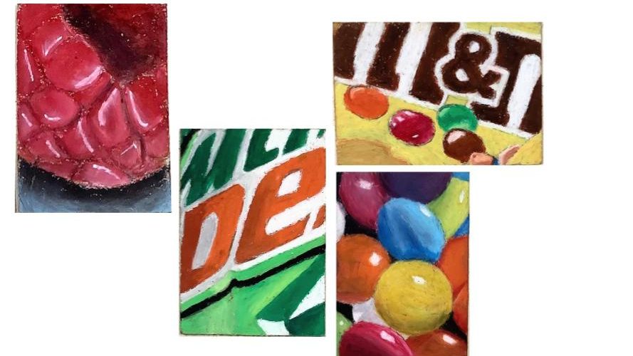 A collection of colorful oil pastel art pieces depicting sweets and beverages, including a close-up of raspberries, a Mountain Dew logo, M&M's, and a variety of colorful sweets.