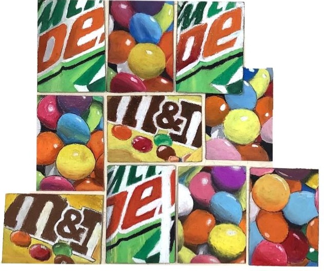 A collage of colorful sweets and a Mountain Dew logo, featuring vibrant M&M's and various other round sweets in oil pastels.
