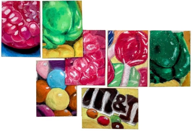 A collage of colorful oil pastel drawings featuring berries, candies, and a chocolate bar with the M&M's logo.
