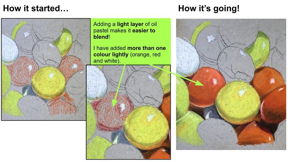 A triptych showing the progression of an oil pastel artwork, with the first panel labeled 'How it started...' displaying initial sketches and light pastel layers, and the second panel labeled 'How it's going!' demonstrating added color and blending techniques.