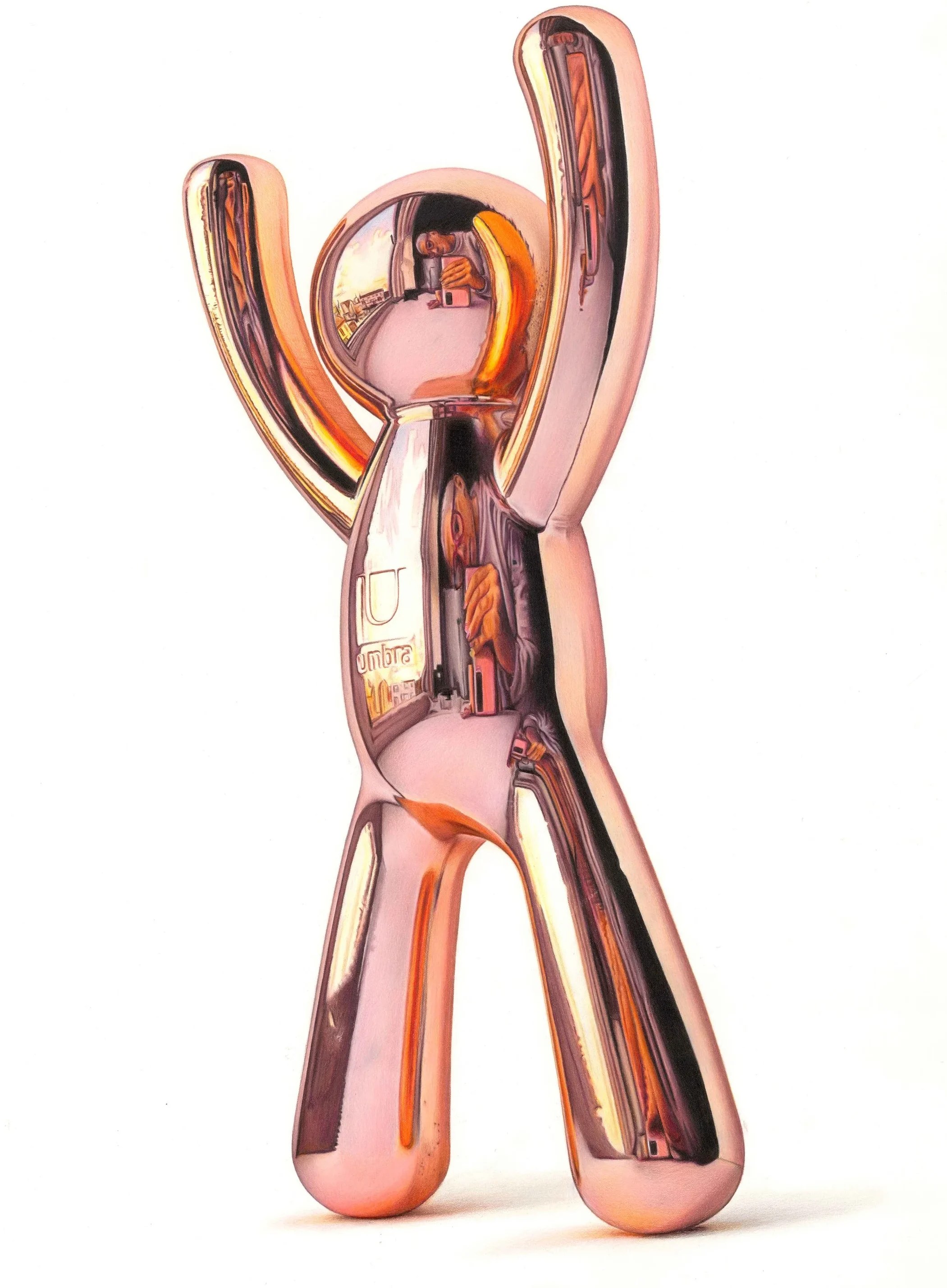 Shiny metallic coloured pencil figurine with arms raised, reflecting surrounding objects and a person taking the photo