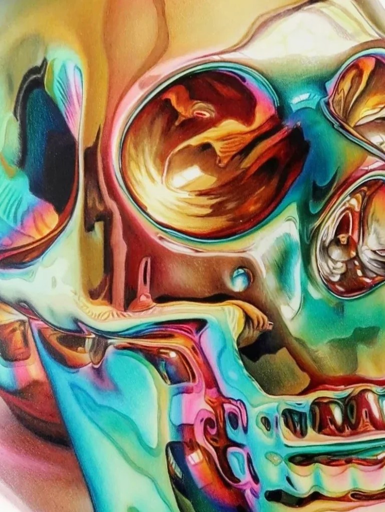 Coloured pencil artwork of iridescent skull sculpture with reflective surface and vibrant hues