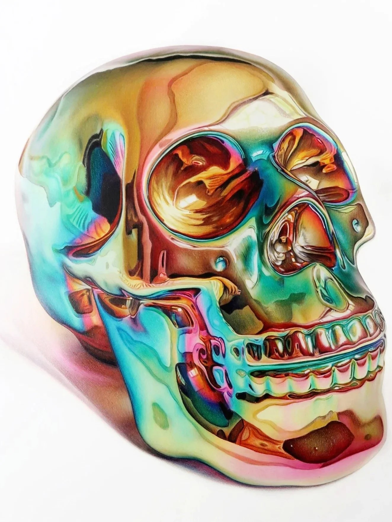 Coloured pencil artwork of iridescent skull sculpture with reflective surface and vibrant hues